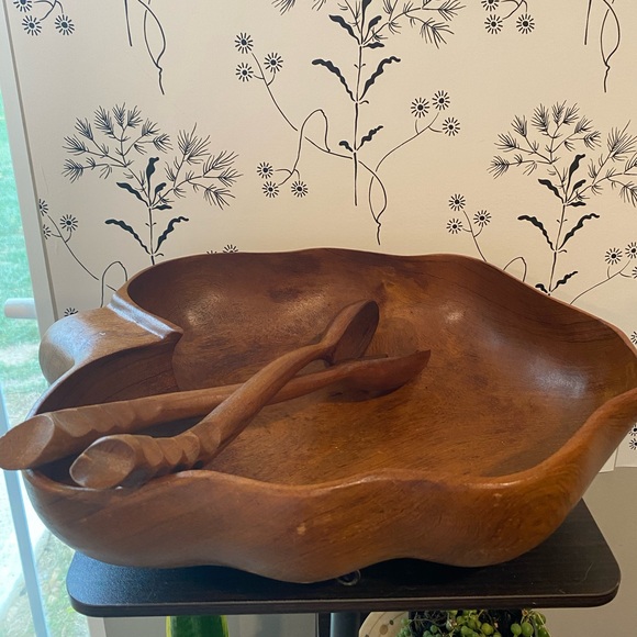 Other - Large wood serving bowl with utensils